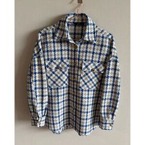 LCW Vision Womens Long Sleeve Button Down Shirt Jacket White Blue Plaid Sz M/L